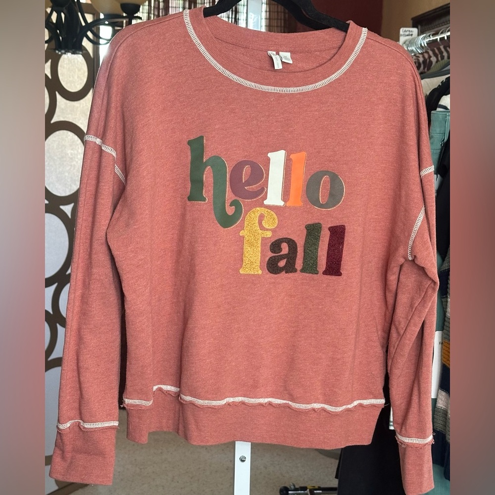 Cato Hello Fall Sherpa Graphic Sweatshirt Raw Edge Lightweight Crew M